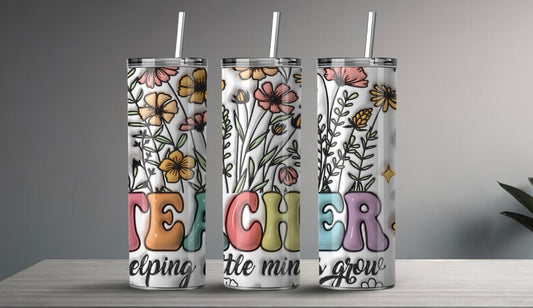 Teacher Tumbler – Bloemen & Inspiratie (3D Design) 🌸
