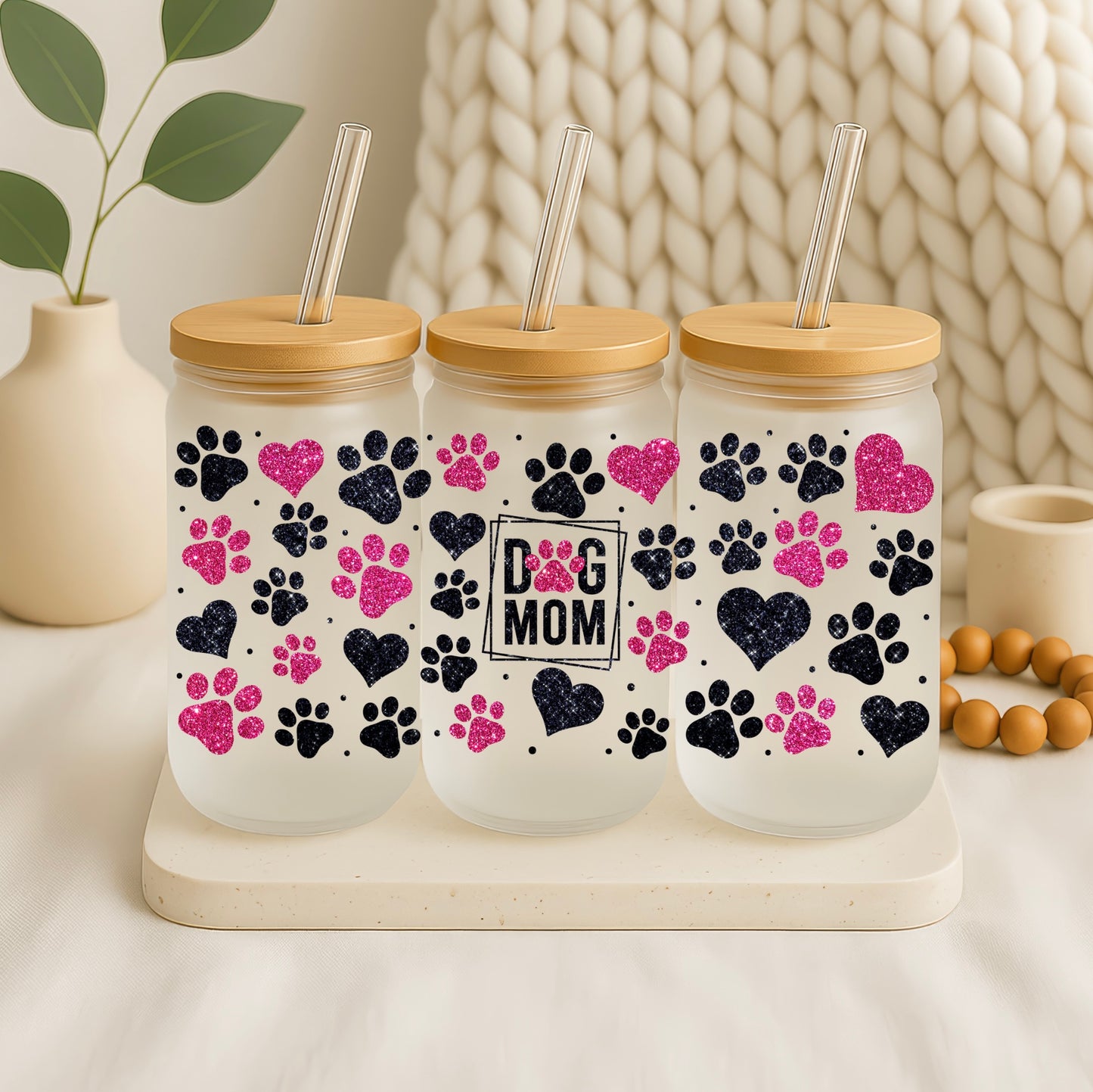 “Dog Mom” Drinkglazen met Glitter