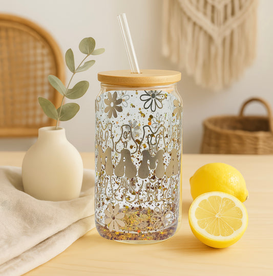 Glazen Pot "Mama" met Gouden Glitters en Bloemen